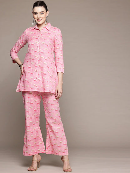 A Line Style Cotton Fabric Pink Color Co-Ord Set