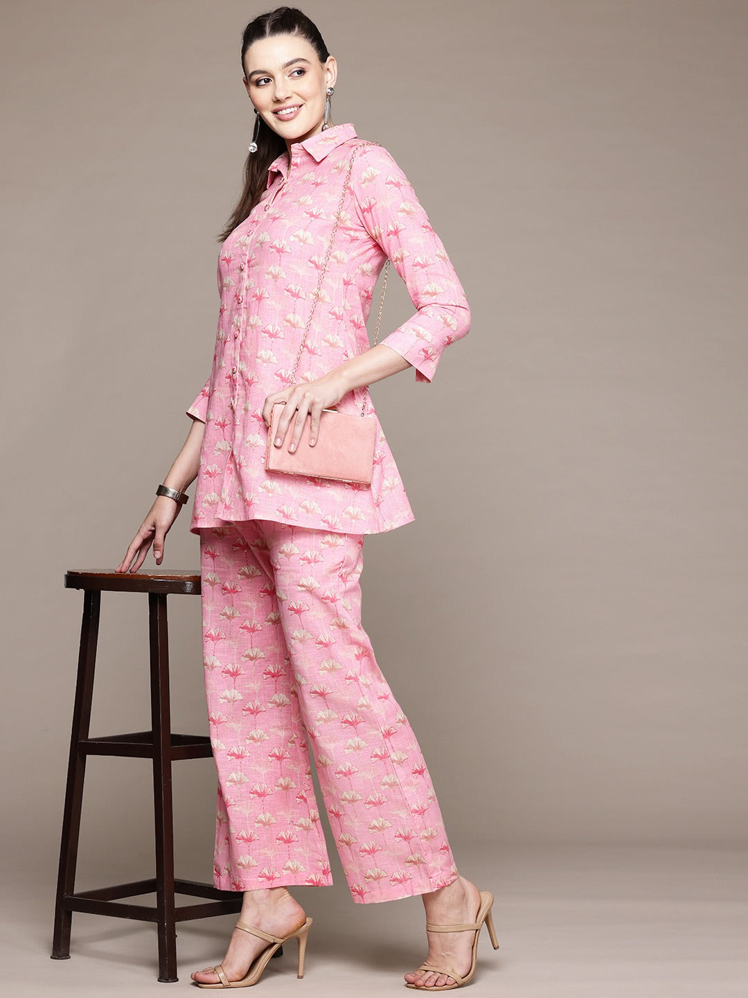 A Line Style Cotton Fabric Pink Color Co-Ord Set