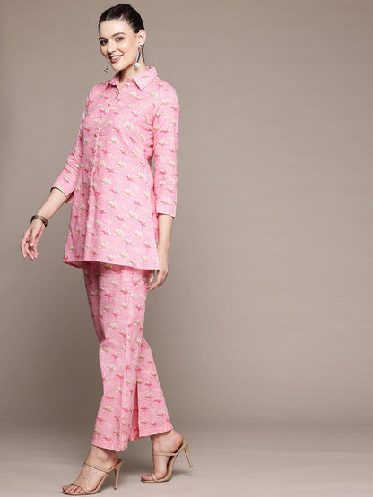 A Line Style Cotton Fabric Pink Color Co-Ord Set