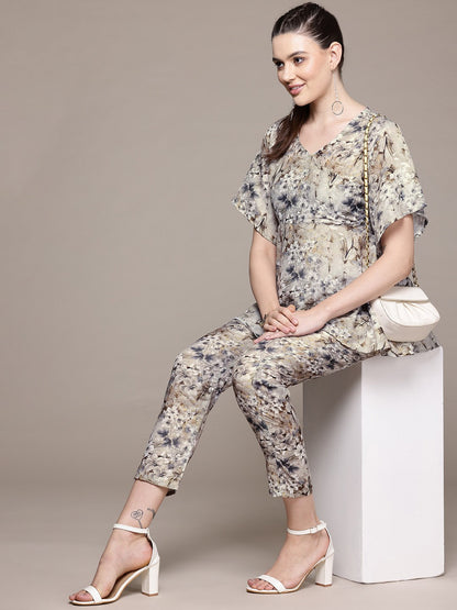 Frock Style Crepe Fabric Beige Color Co-Ord Set