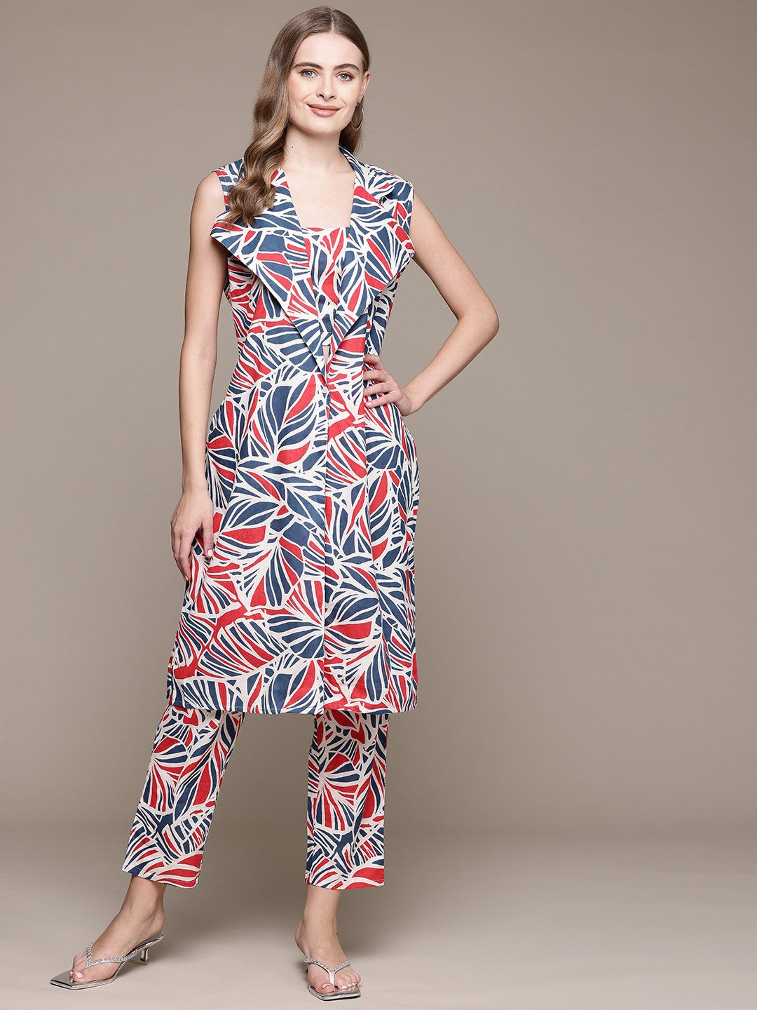 Straight Style Cotton Fabric Navy Blue Color Co-Ord Set With Shrug