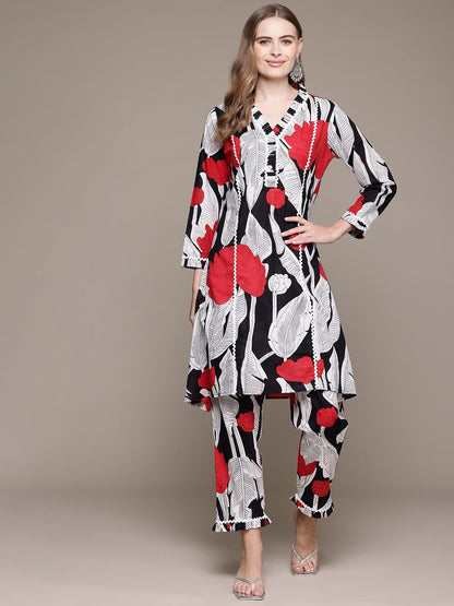 A Line Style Cotton Fabric Black Color Co-Ord Set