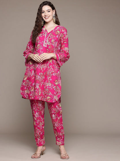 Straight Style Cotton Fabric Pink Color Co-Ord Set