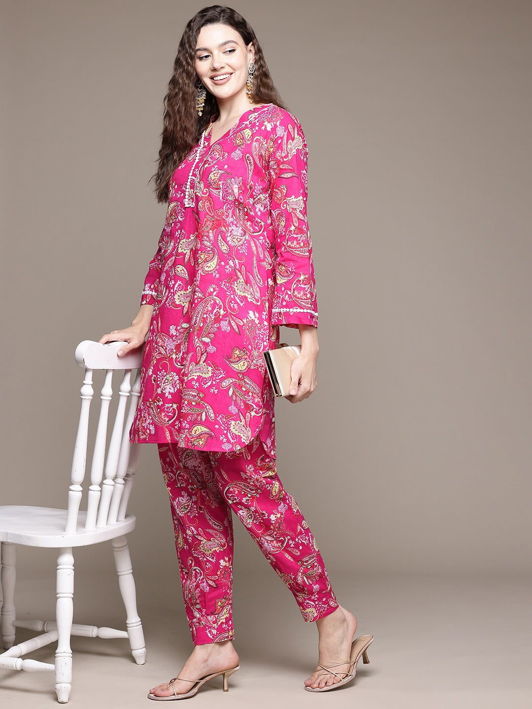 Straight Style Cotton Fabric Pink Color Co-Ord Set