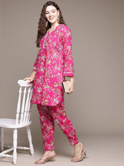 Straight Style Cotton Fabric Pink Color Co-Ord Set