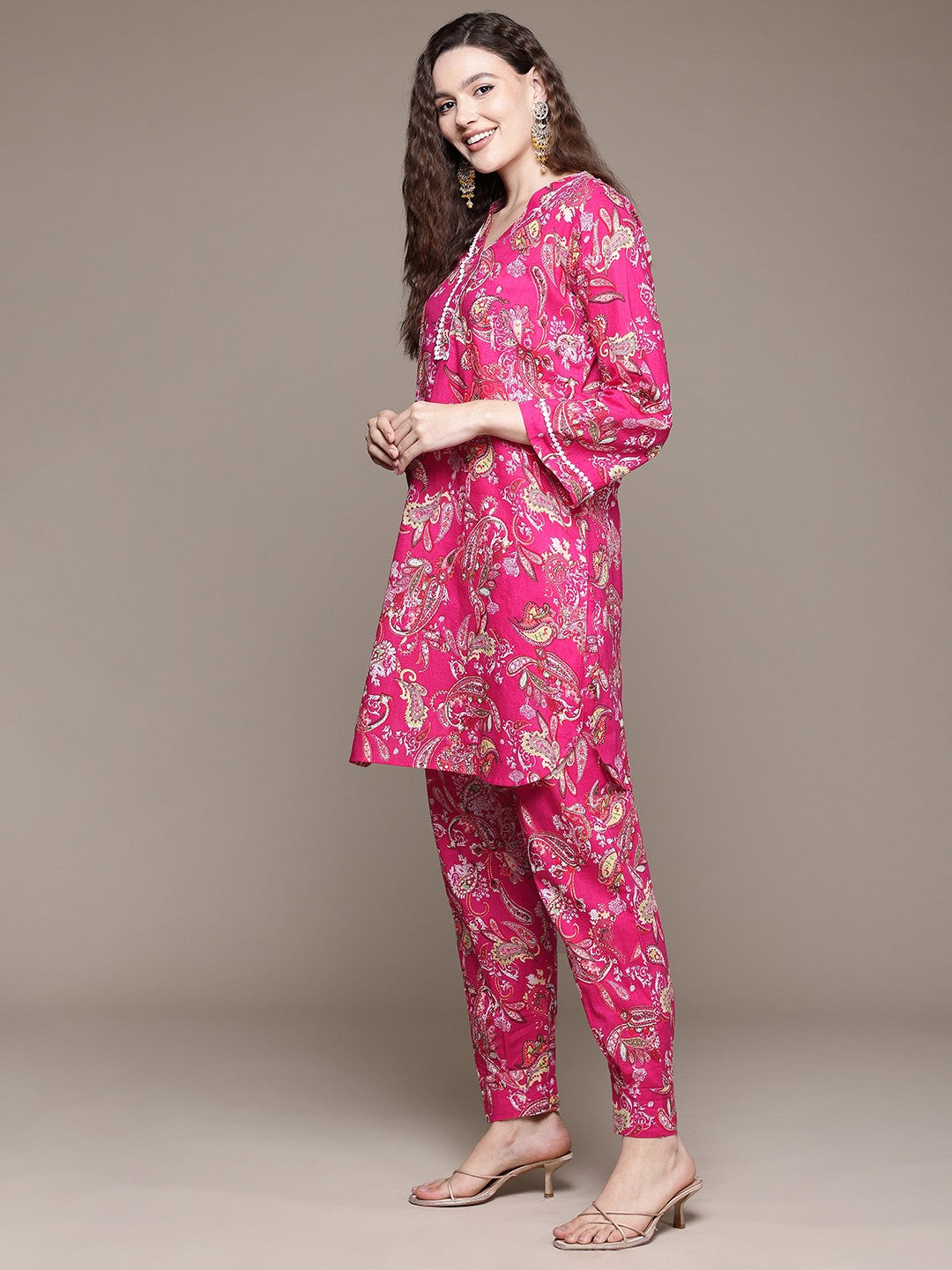 Straight Style Cotton Fabric Pink Color Co-Ord Set