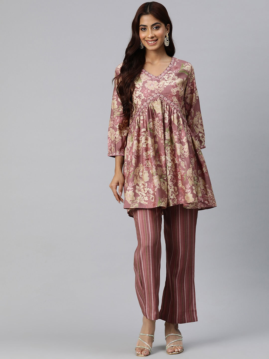 Frock Style Silk Fabric Burgundy Color Floral Printed Kurta And Bottom With Thread And Sequin Work