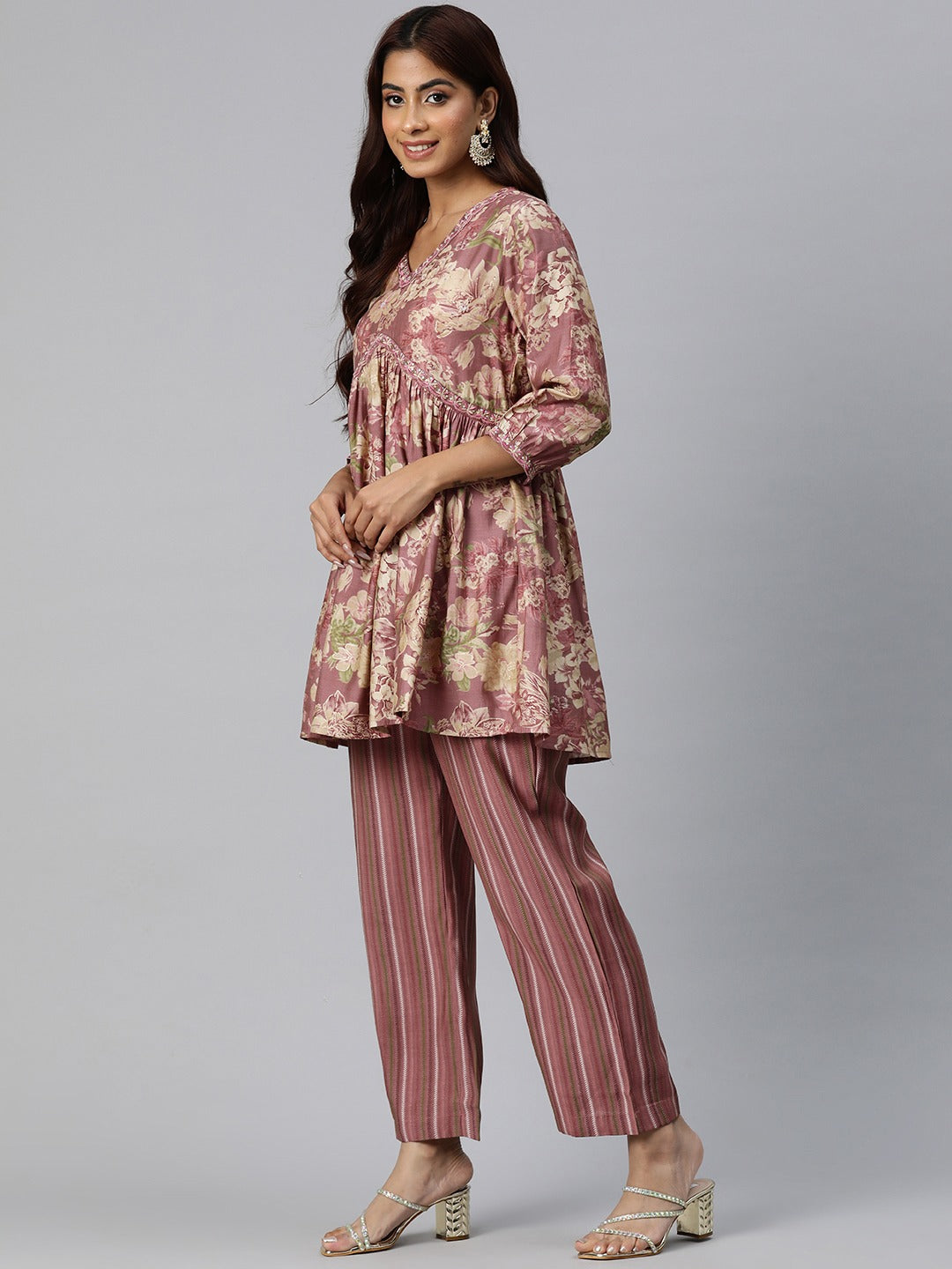Frock Style Silk Fabric Burgundy Color Floral Printed Kurta And Bottom With Thread And Sequin Work