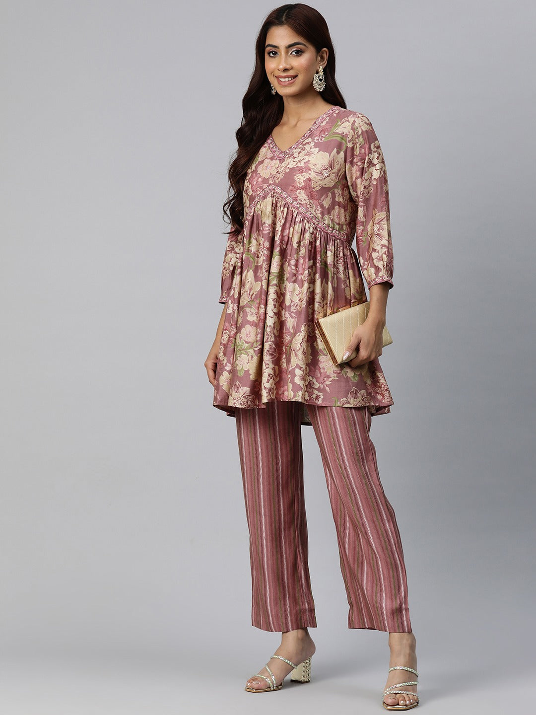 Frock Style Silk Fabric Burgundy Color Floral Printed Kurta And Bottom With Thread And Sequin Work