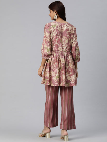 Frock Style Silk Fabric Burgundy Color Floral Printed Kurta And Bottom With Thread And Sequin Work