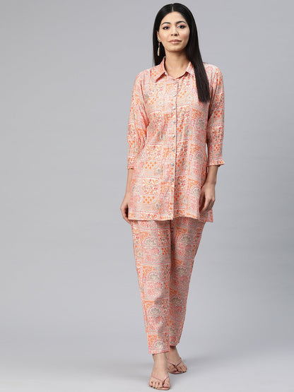 Shirt Style Silk Fabric Peach Color Floral Printed Kurta And Bottom