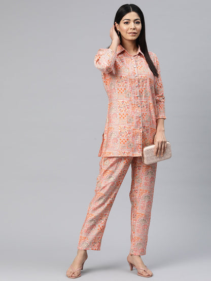 Shirt Style Silk Fabric Peach Color Floral Printed Kurta And Bottom