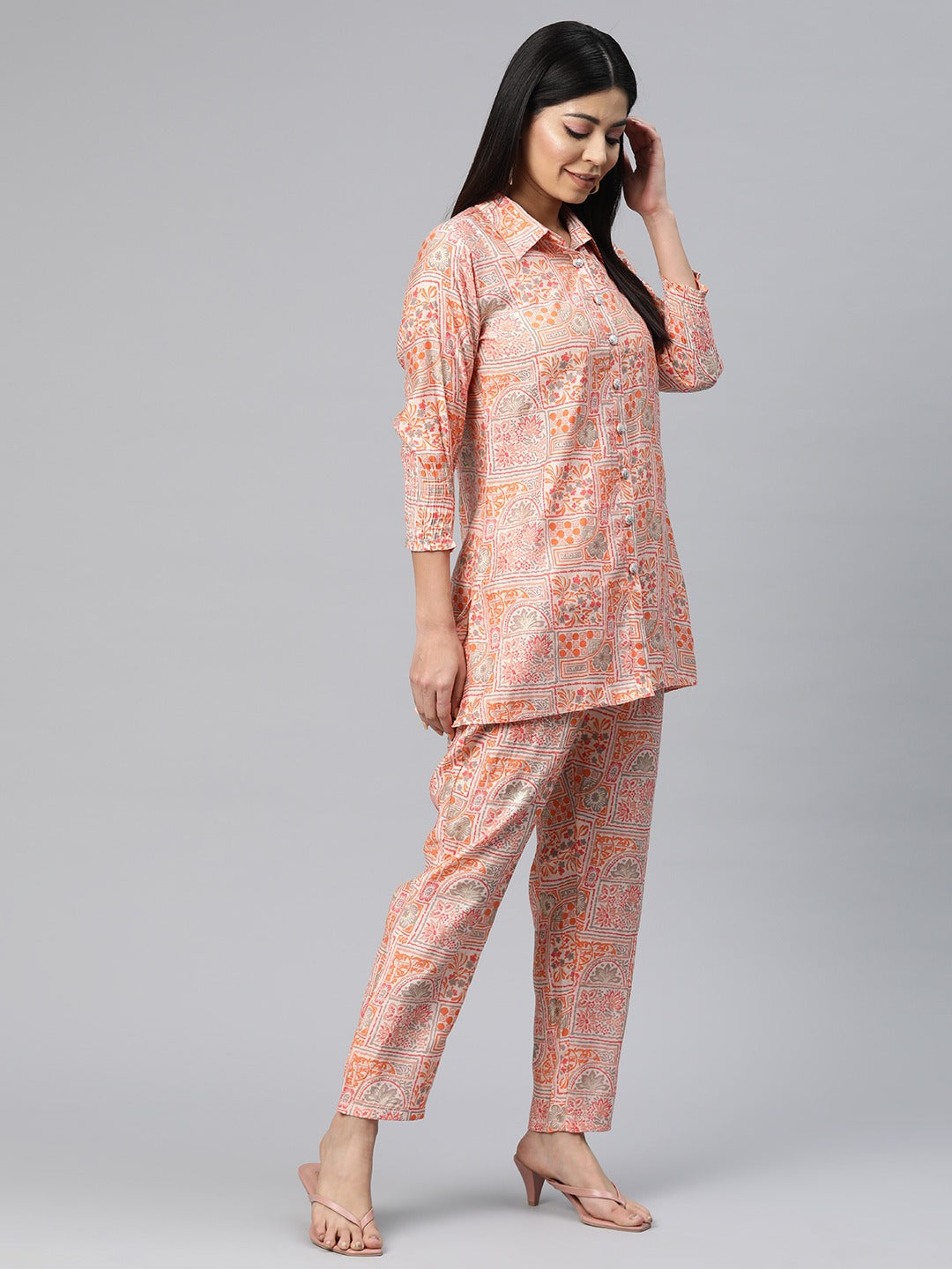 Shirt Style Silk Fabric Peach Color Floral Printed Kurta And Bottom