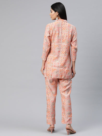 Shirt Style Silk Fabric Peach Color Floral Printed Kurta And Bottom