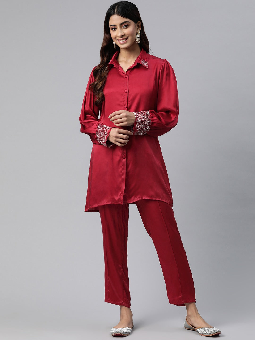 Shirt Style Silk Fabric Maroon Color Beads & Cut Dana Work Kurta And Bottom