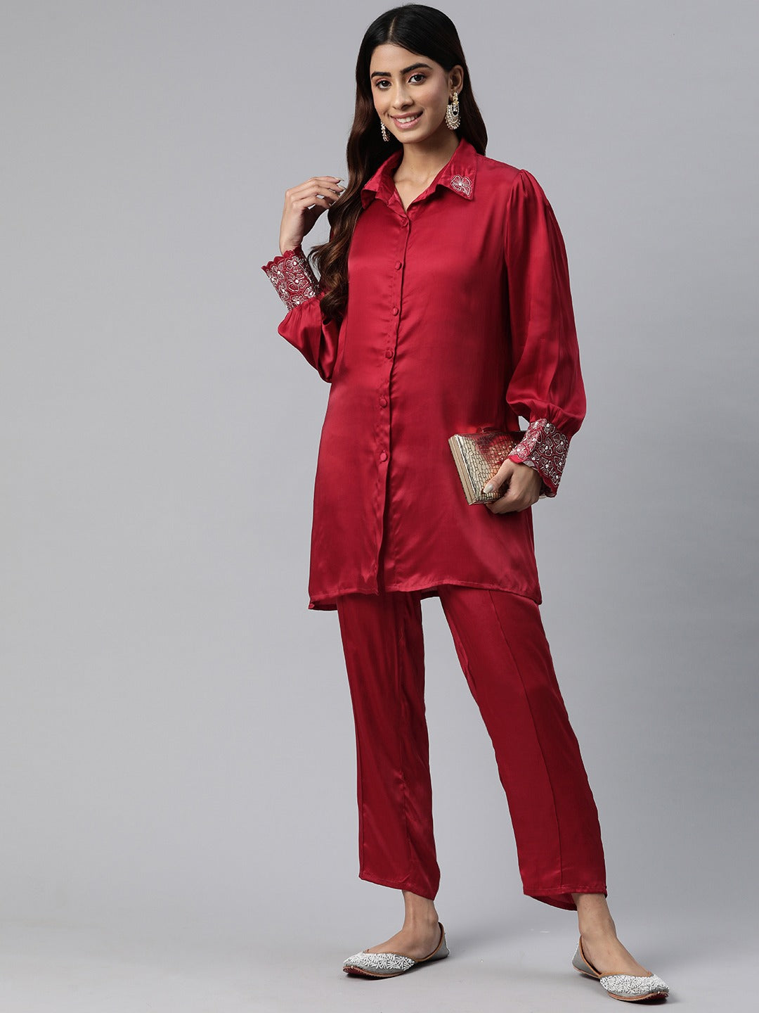 Shirt Style Silk Fabric Maroon Color Beads & Cut Dana Work Kurta And Bottom