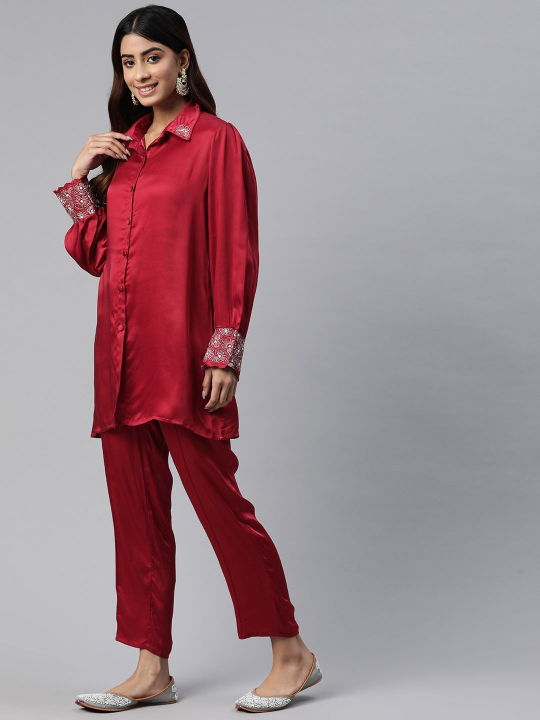 Shirt Style Silk Fabric Maroon Color Beads & Cut Dana Work Kurta And Bottom