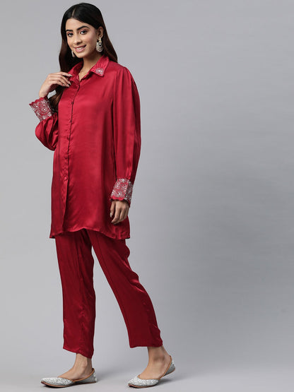 Shirt Style Silk Fabric Maroon Color Beads & Cut Dana Work Kurta And Bottom