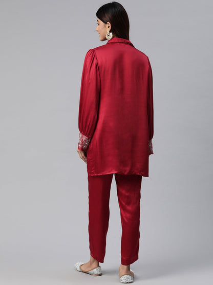 Shirt Style Silk Fabric Maroon Color Beads & Cut Dana Work Kurta And Bottom