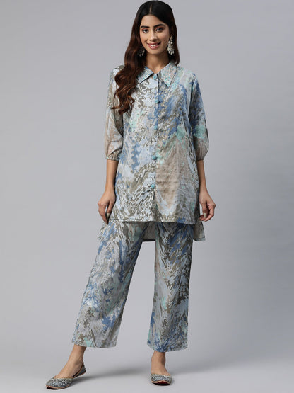 Shirt Style Cotton Fabric Grey Color Printed & Beads Work Kurta And Bottom