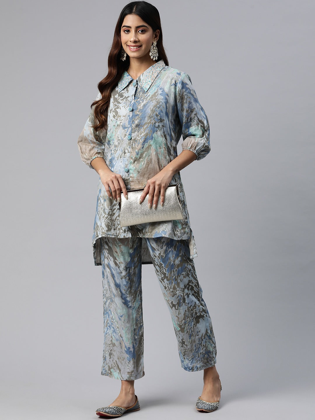 Shirt Style Cotton Fabric Grey Color Printed & Beads Work Kurta And Bottom