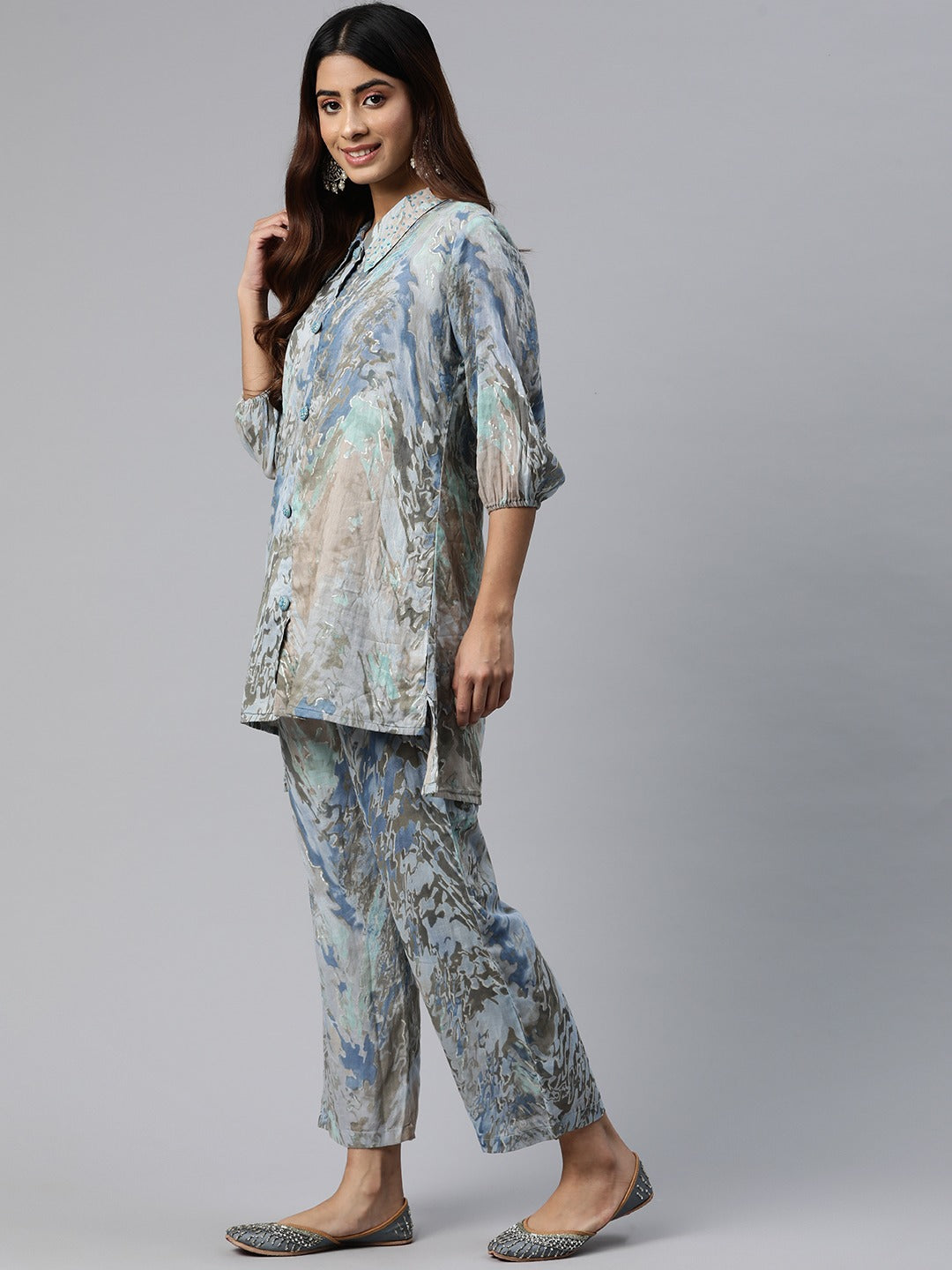 Shirt Style Cotton Fabric Grey Color Printed & Beads Work Kurta And Bottom