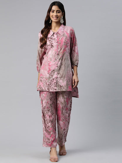 Shirt Style Cotton Fabric Pink Color Printed & Beads Work Kurta And Bottom