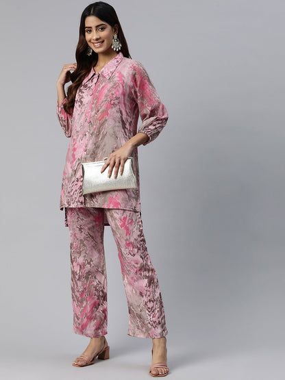 Shirt Style Cotton Fabric Pink Color Printed & Beads Work Kurta And Bottom