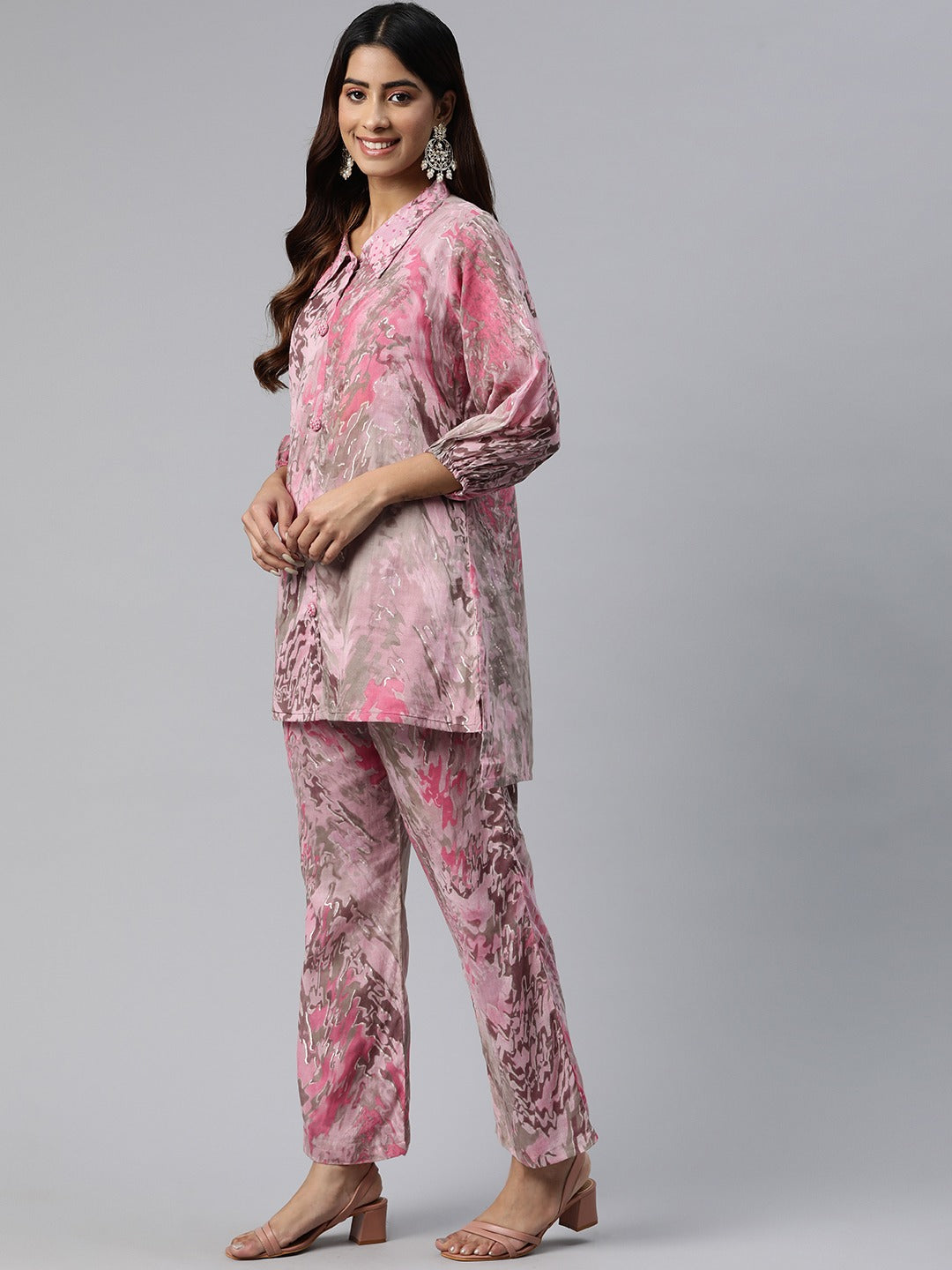 Shirt Style Cotton Fabric Pink Color Printed & Beads Work Kurta And Bottom