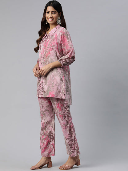 Shirt Style Cotton Fabric Pink Color Printed & Beads Work Kurta And Bottom