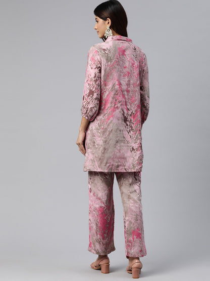Shirt Style Cotton Fabric Pink Color Printed & Beads Work Kurta And Bottom