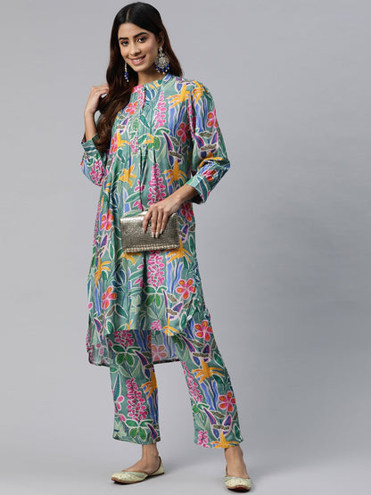 Curved Style Silk Fabric Green Color Printed Kurta And Bottom