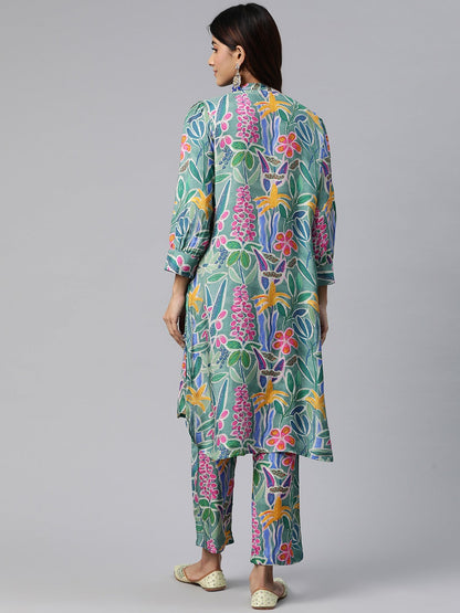 Curved Style Silk Fabric Green Color Printed Kurta And Bottom