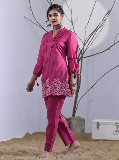 A Line Style Silk Fabric Pink Color Embroidered & Sequence Kurta And Bottom