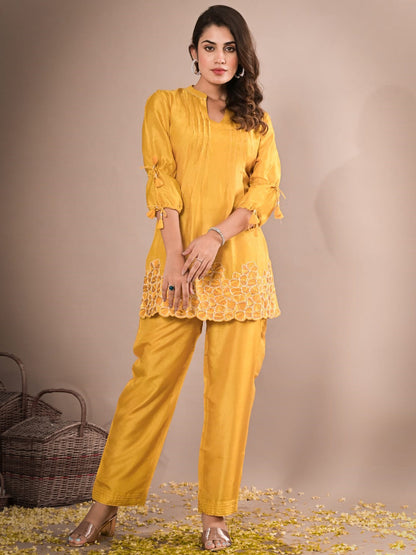 A Line Style Silk Fabric Yellow Color Embroidered & Sequence Kurta And Bottom