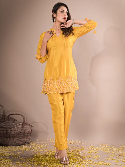 A Line Style Silk Fabric Yellow Color Embroidered & Sequence Kurta And Bottom