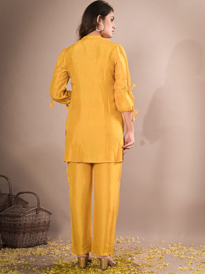A Line Style Silk Fabric Yellow Color Embroidered & Sequence Kurta And Bottom
