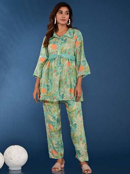 Anarkali Style Silk Fabric Green Color Printed Kurta And Bottom