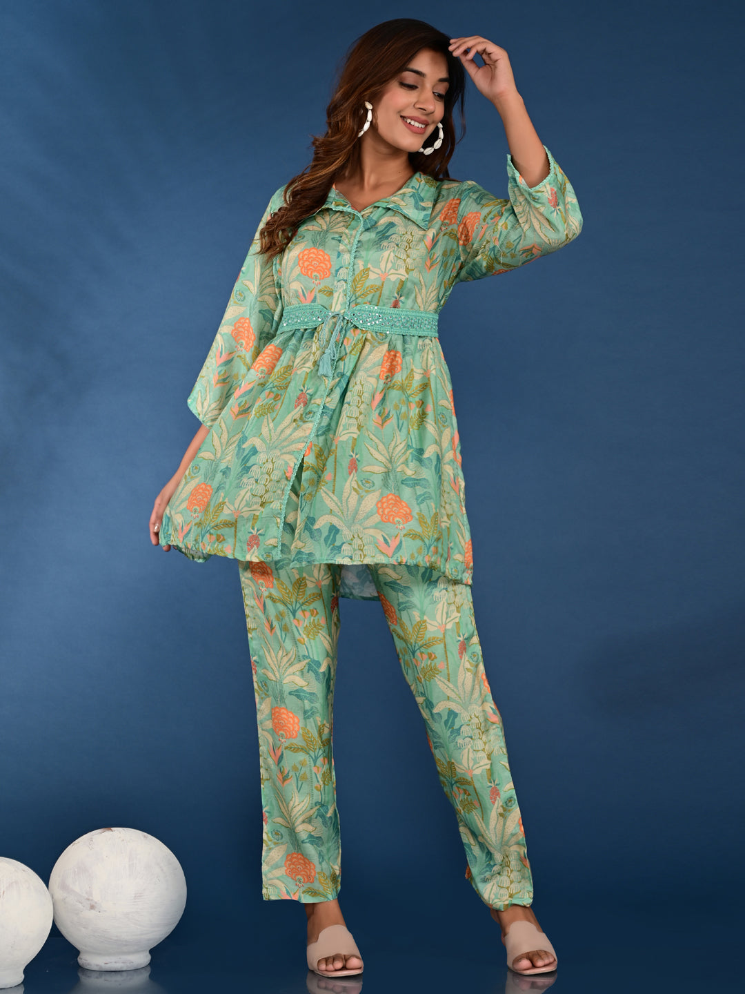 Anarkali Style Silk Fabric Green Color Printed Kurta And Bottom