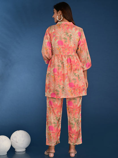 Anarkali Style Silk Fabric Pink Color Printed Kurta And Bottom