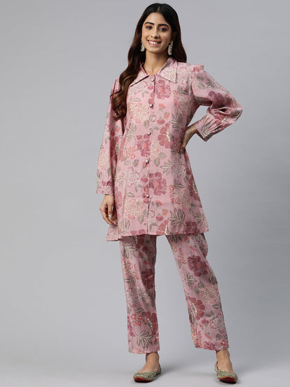 Shirt Style Silk Fabric Pink Color Beads & Floral Printed Kurta And Bottom