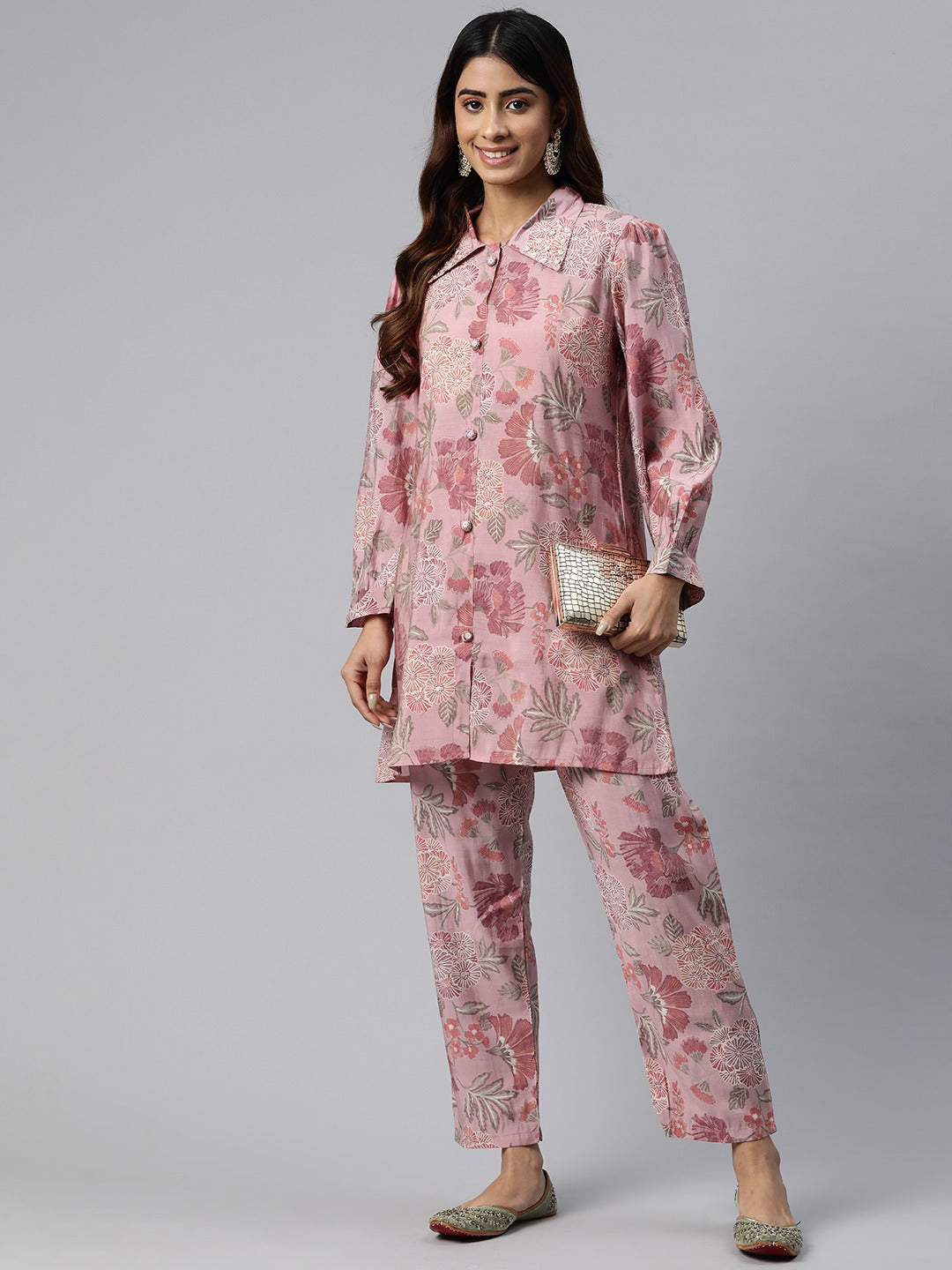 Shirt Style Silk Fabric Pink Color Beads & Floral Printed Kurta And Bottom