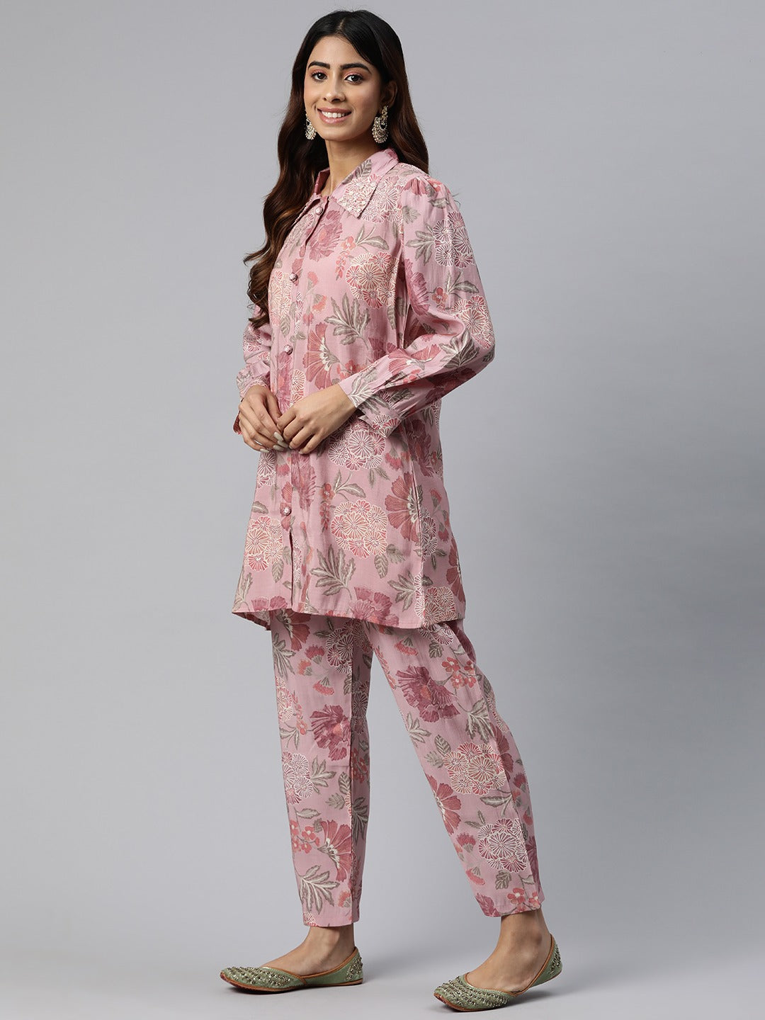 Shirt Style Silk Fabric Pink Color Beads & Floral Printed Kurta And Bottom