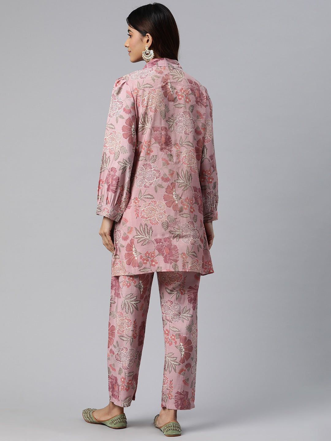 Shirt Style Silk Fabric Pink Color Beads & Floral Printed Kurta And Bottom