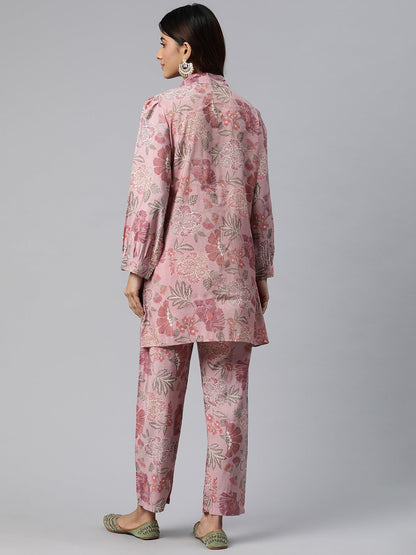 Shirt Style Silk Fabric Pink Color Beads & Floral Printed Kurta And Bottom