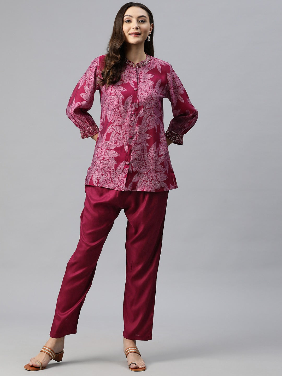 Shirt Style Silk Fabric Maroon Color Beads & Printed Kurta And Bottom