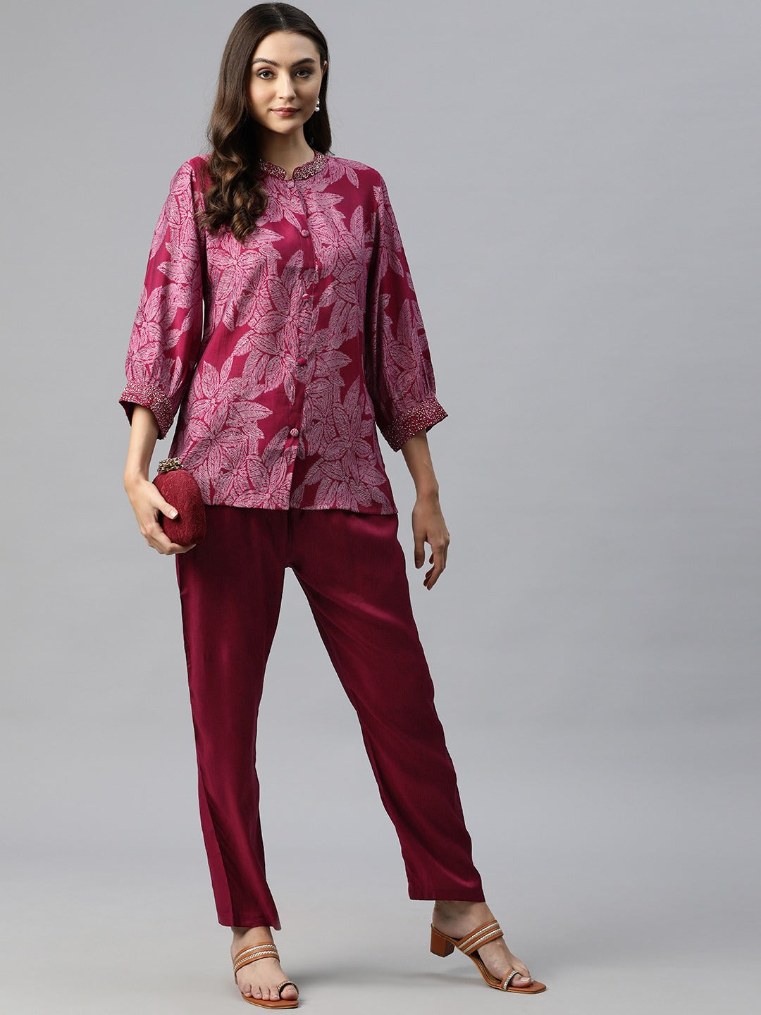 Shirt Style Silk Fabric Maroon Color Beads & Printed Kurta And Bottom