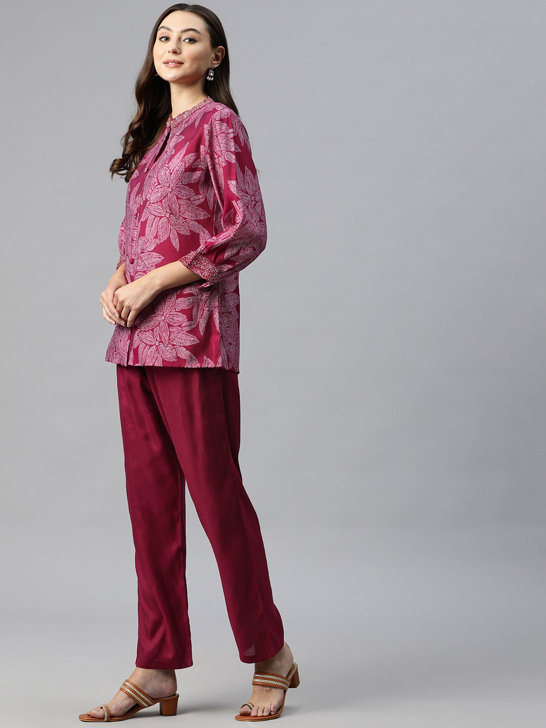 Shirt Style Silk Fabric Maroon Color Beads & Printed Kurta And Bottom