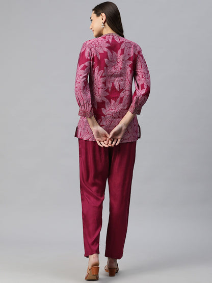 Shirt Style Silk Fabric Maroon Color Beads & Printed Kurta And Bottom