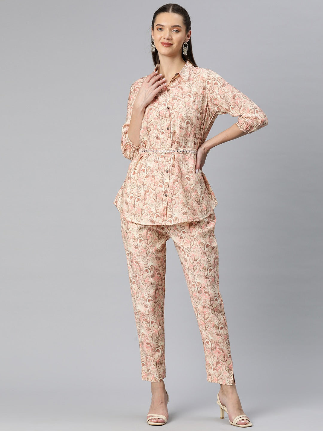 A Line Style Silk Fabric Peach Color Floral Printed Top With Belt And Bottom